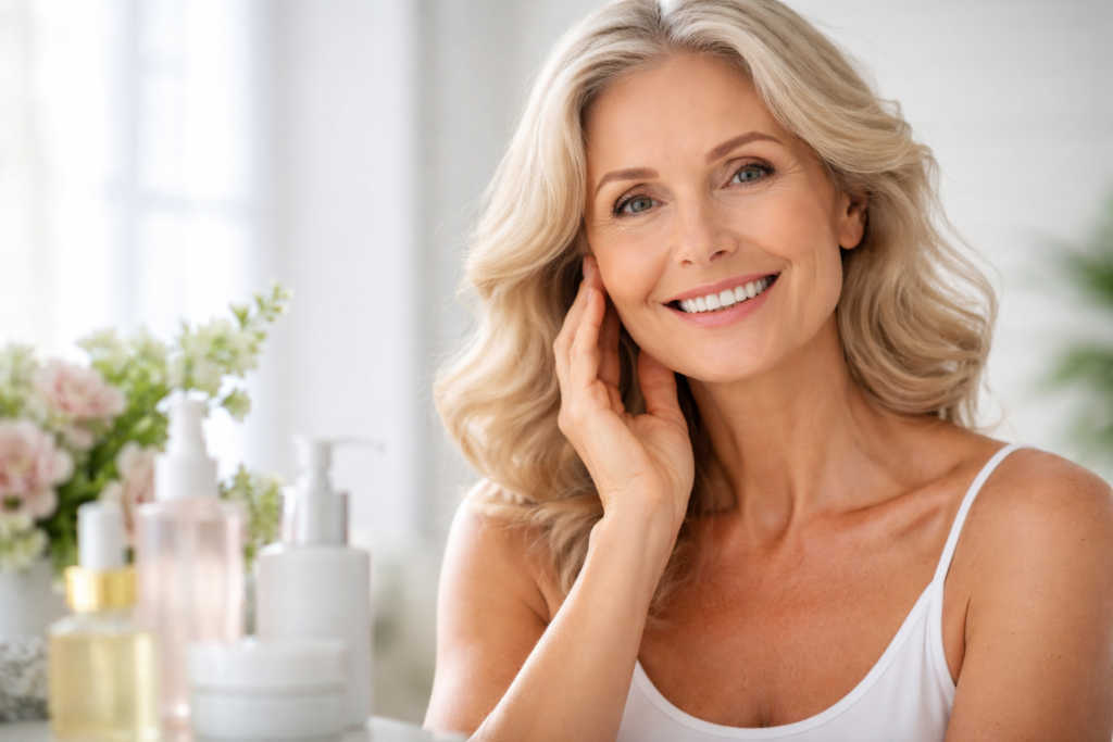 Rotina de skincare para pele madura: mulher madura aplicando creme facial para hidratação e cuidados anti-idade