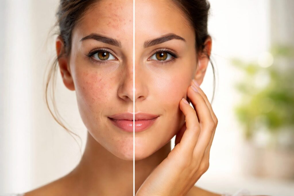 Hiperpigmentação na pele causada por inflamação cutânea, com comparação entre pele com manchas escuras e pele uniforme