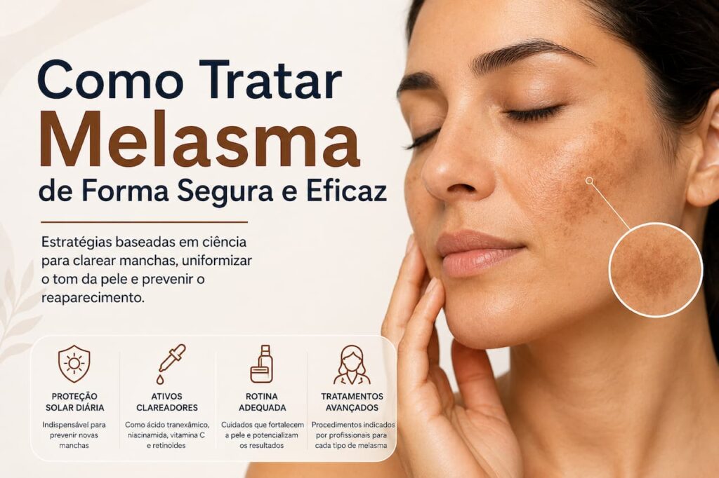 Como tratar melasma de forma segura e eficaz com proteção solar, ativos clareadores e cuidados para clarear manchas da pele