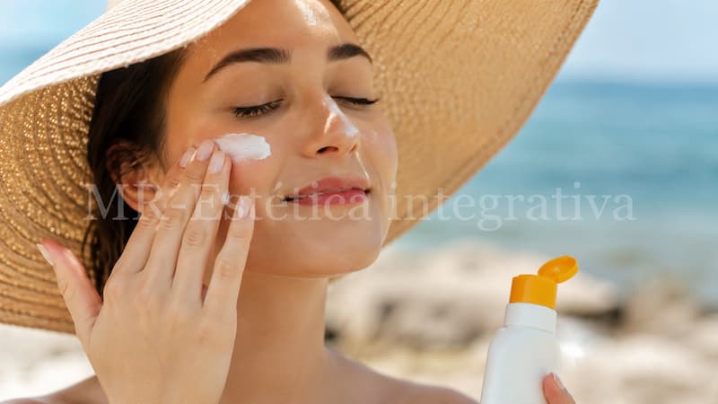 Mulher aplicando protetor solar após peeling químico