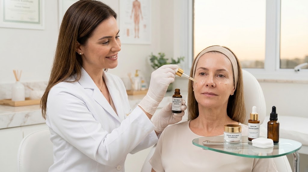 Rotina de skincare noturna com produtos de tratamento e sérum para a pele